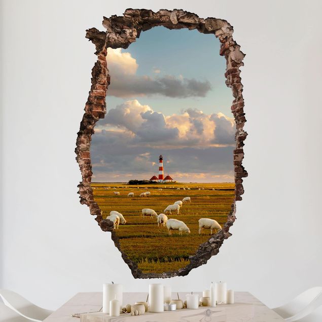 Wallstickers øer North Sea Lighthouse With Flock Of Sheep