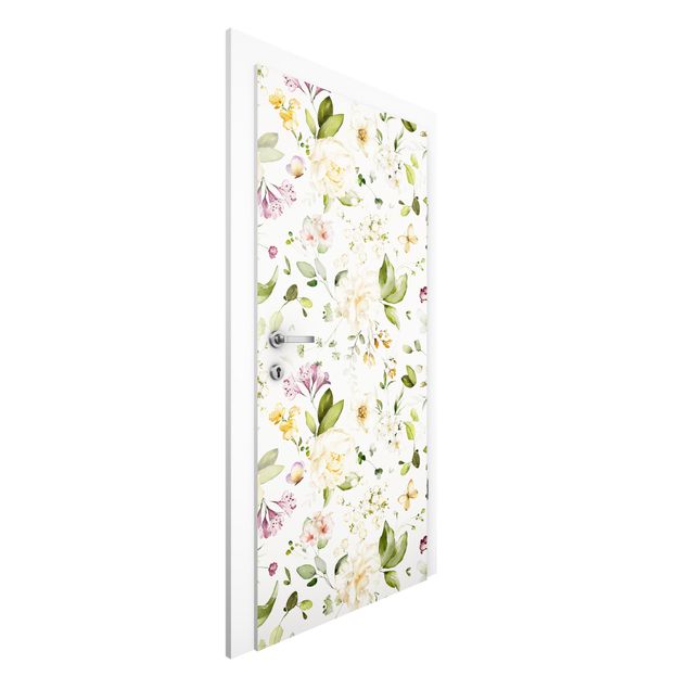 Sommerfugle tapet Wildflowers and White Roses Watercolour Pattern