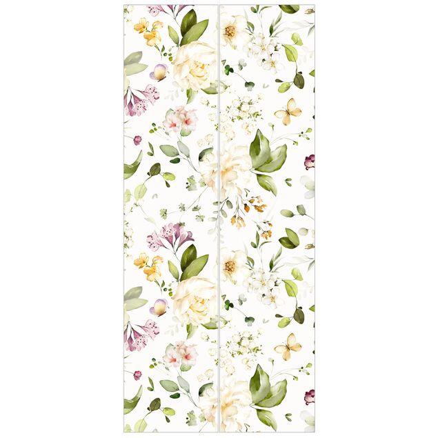 Tapet blomster Wildflowers and White Roses Watercolour Pattern