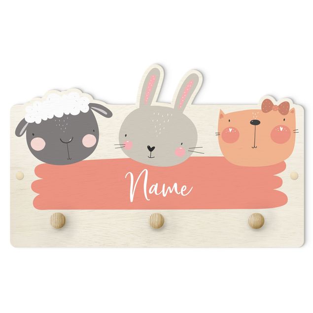 Knagerækker lyserød Customised Name Cute Zoo - Sheep Rabbit And Cat