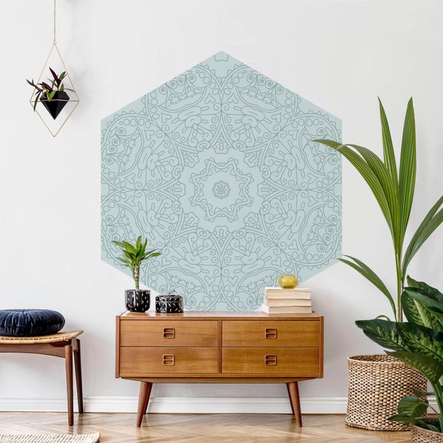 Tapet moderne Jagged Mandala Flower With Star In Turquoise