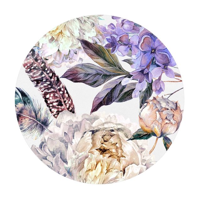 Runde tæpper Delicate Watercolour Boho Flowers And Feathers Pattern