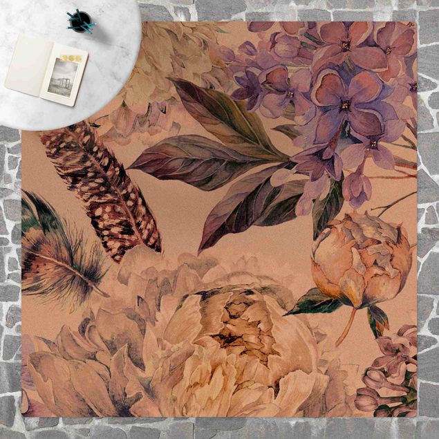 moderne gulvtæppe Delicate Watercolour Boho Flowers And Feathers Pattern