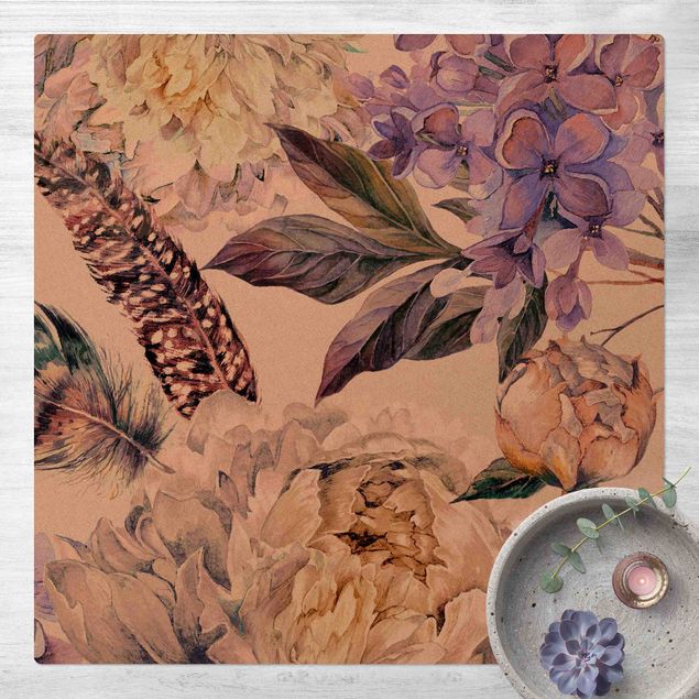 Kork måtter Delicate Watercolour Boho Flowers And Feathers Pattern