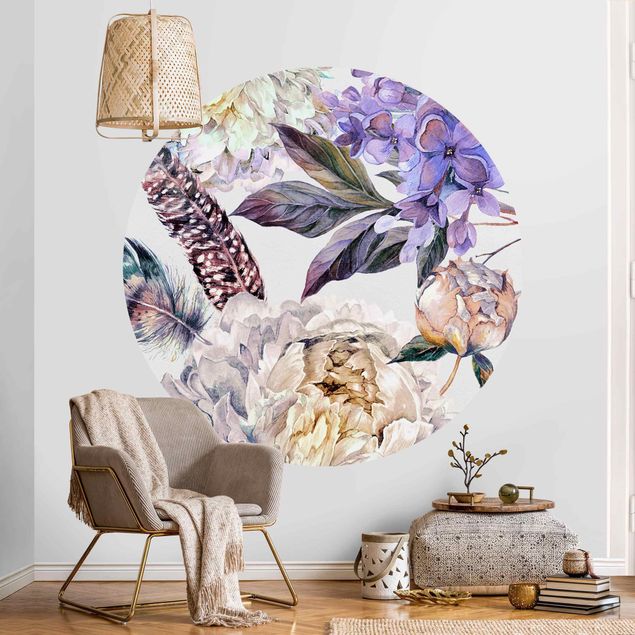 Tapet roser Delicate Watercolour Boho Flowers And Feathers Pattern
