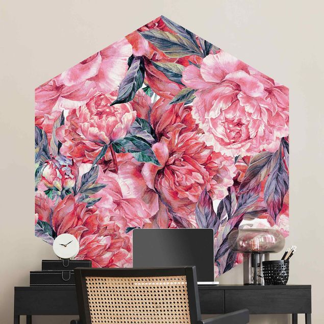 Tapet roser Delicate Watercolour Red Peony Pattern